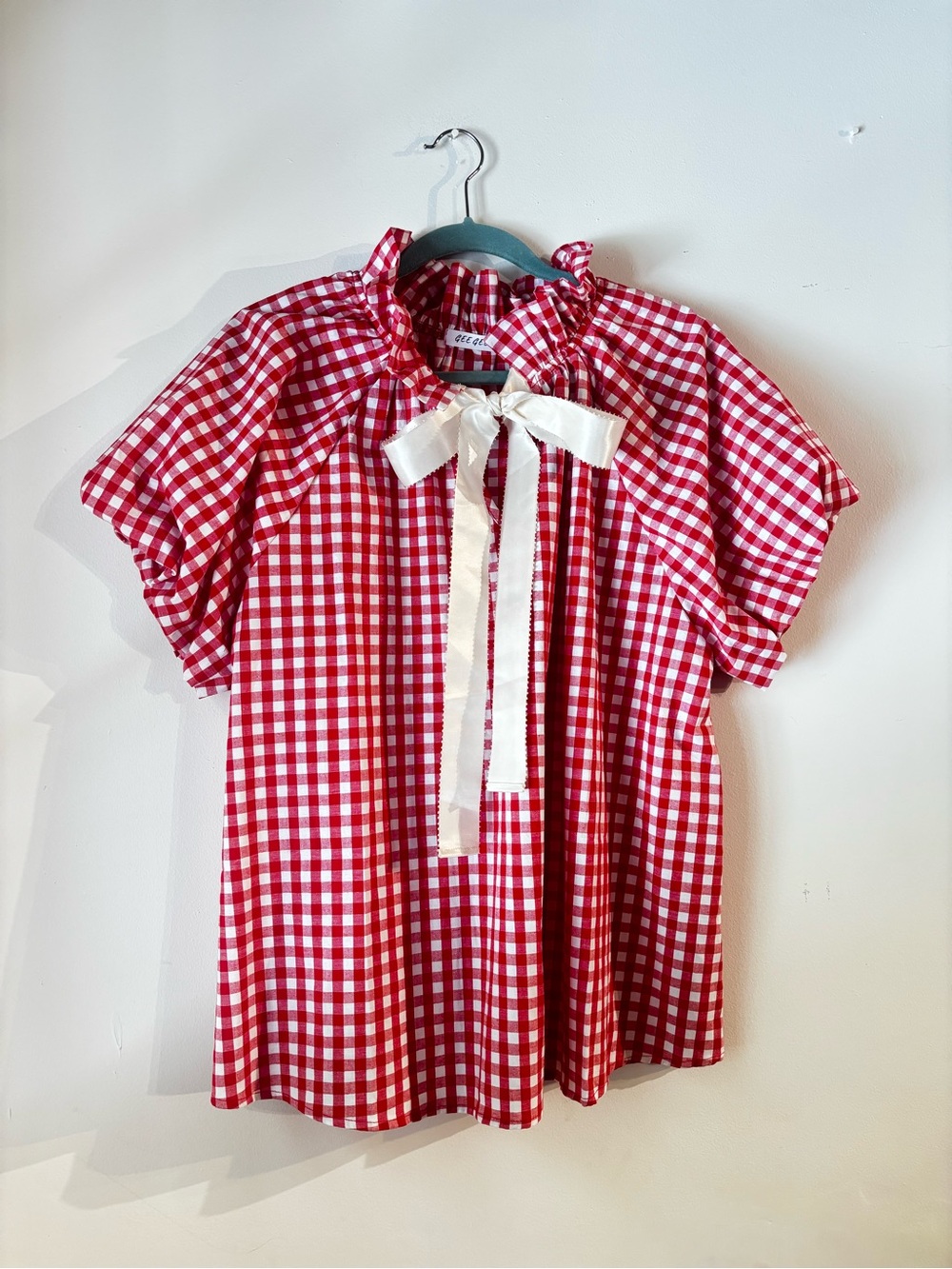 GeeGee Red Gingham Ribbon Bow Top with Ruffle Collar XL - Picture 4 of 8